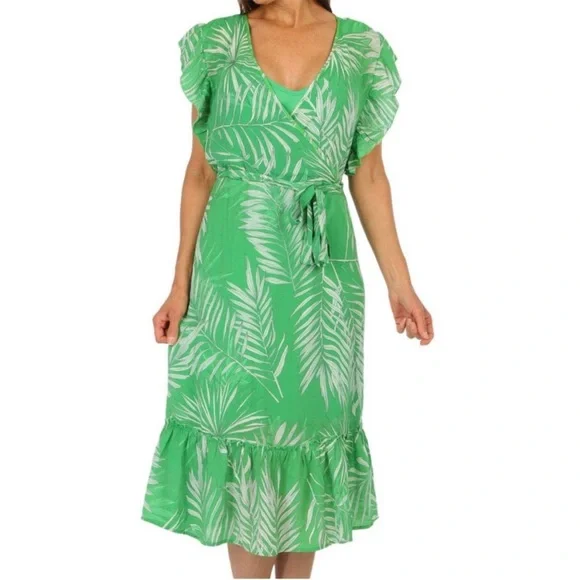 NWT! Mlle Gabrielle Woman’s Green & White Tropical Leaf Print Midi Dress. Sz L - Picture 2 of 14
